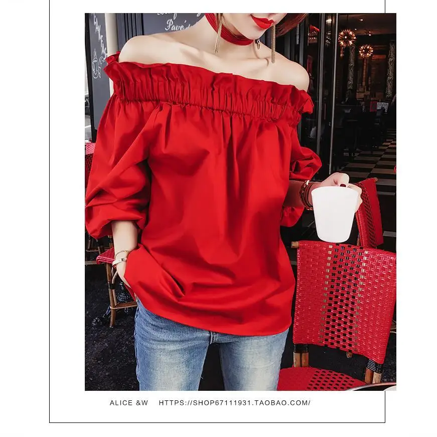 APIPEE Off Shoulder Tops 2024 Summer Fashion Casual Slash Neck White Black Red Lantern Sleeve Loose Ruffle Blouses Women