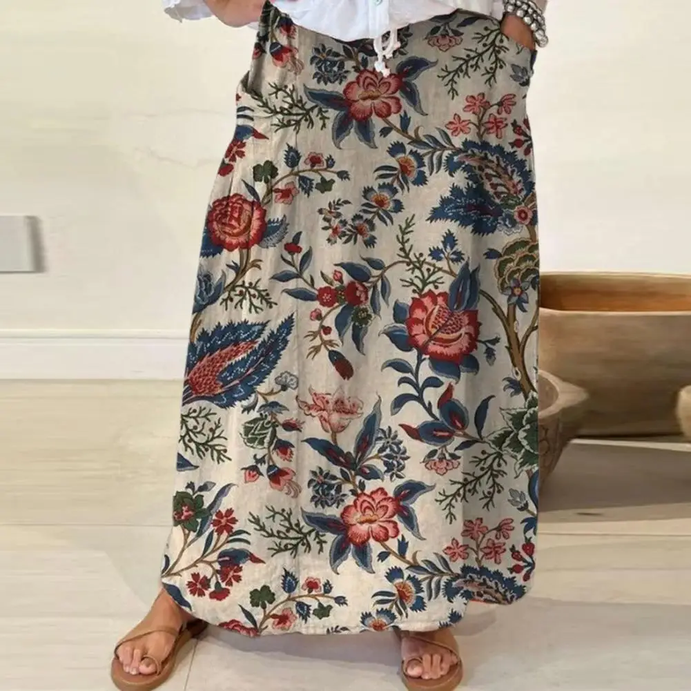 

Casual Loose Fit Skirt Bohemia Style Women's Maxi Skirt Elastic Waist Flower Leaf Print A-line Loose Fit with Pockets for Beach