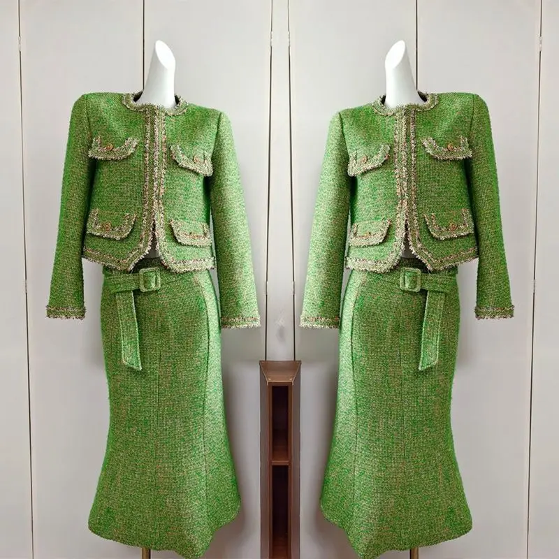 Elegance Luxury Tweed Green 2 Piece For Women Small Fragrance Bodycon Mermaid Skirt Suits Winter Highstreet Trendy Office Outfit