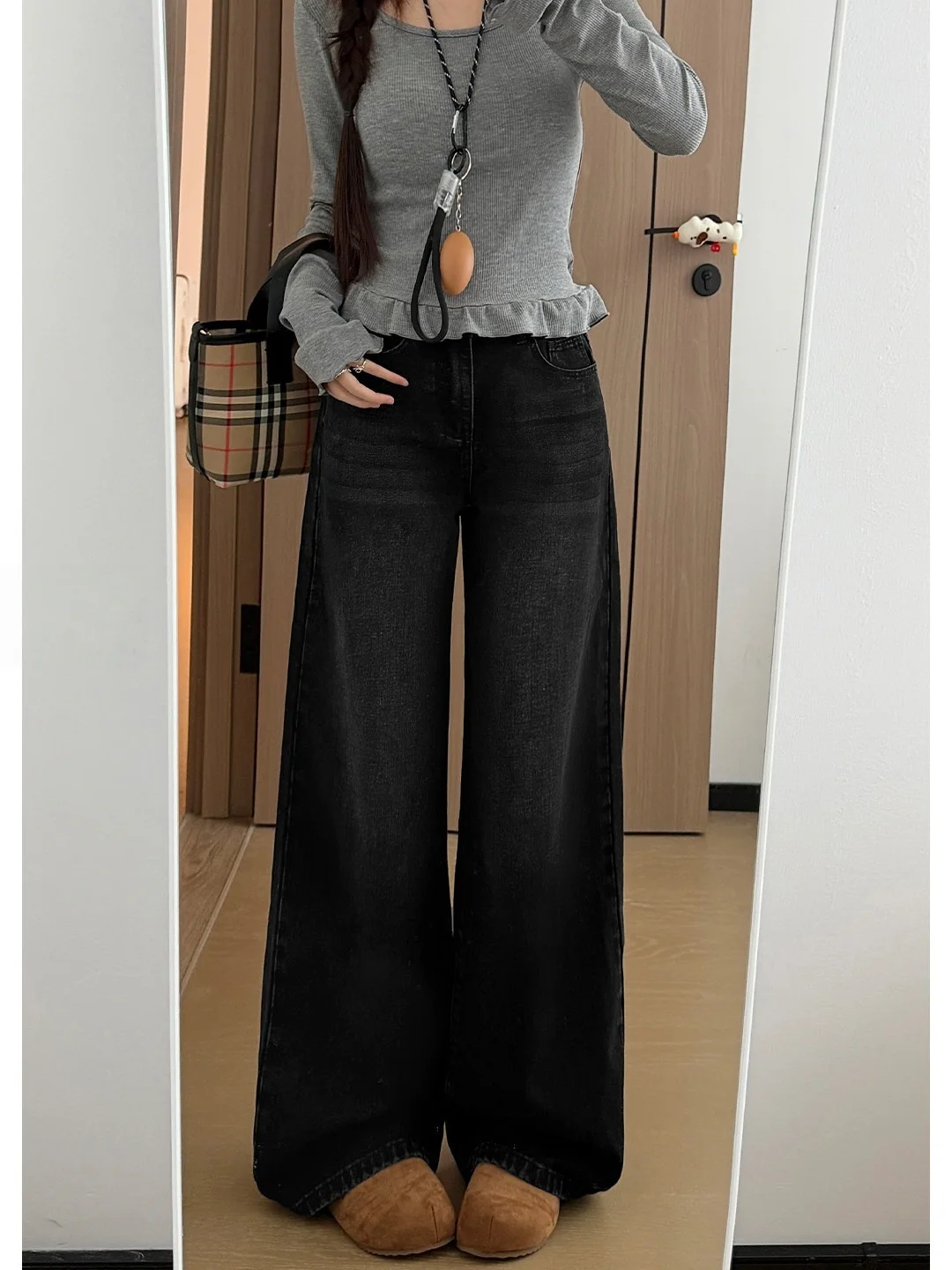 

Джинсы с высокой талией и широкими штанинами для похудения, женские джинсовые брюки прямого кроя, черные, серые, повседневные, удобные, свободного кроя, весенний новый стиль