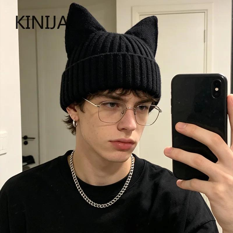 Cute Cat Ears Beanies for Men Autumn Winter Warm Ear Protection Sweet Versatile Pullover Knitted Hats Crochet Bucket Cap