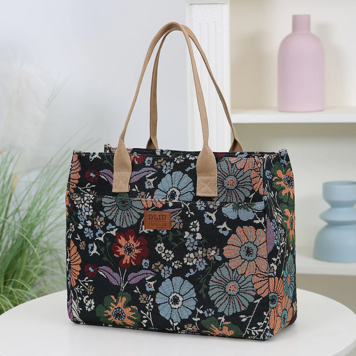 New Large Capacity Tote Bag Thickened Floral Patterned Shoulder Bag Handbag Zipper Closure for Work School Shopping Daily Use