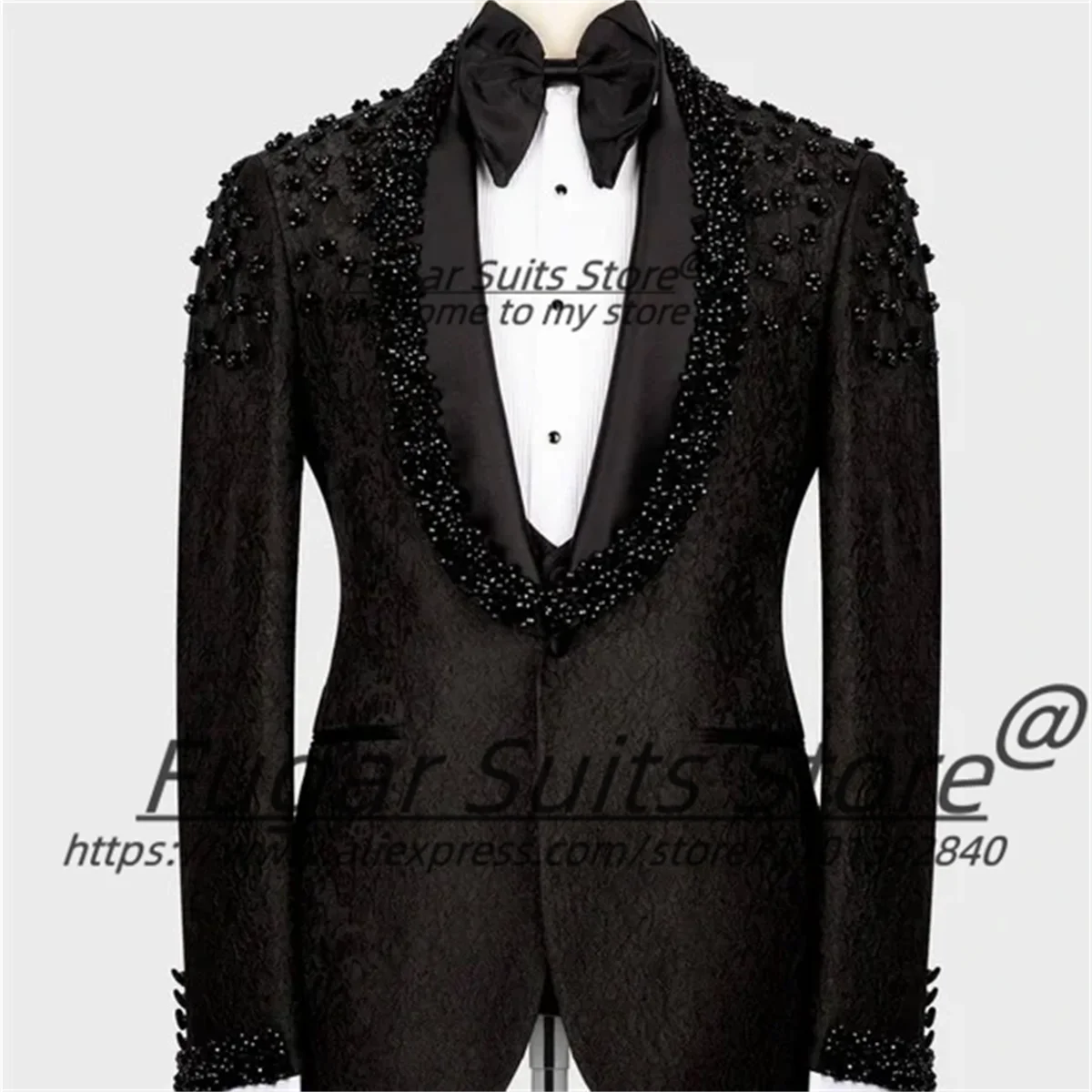

Handsome Shiny Beadwork Men Suits Slim Fit Shawl Lapel Groom Wedding Tuxedos 3 Pcs Sets Prom Male Blazers Customized Ropa Hombre