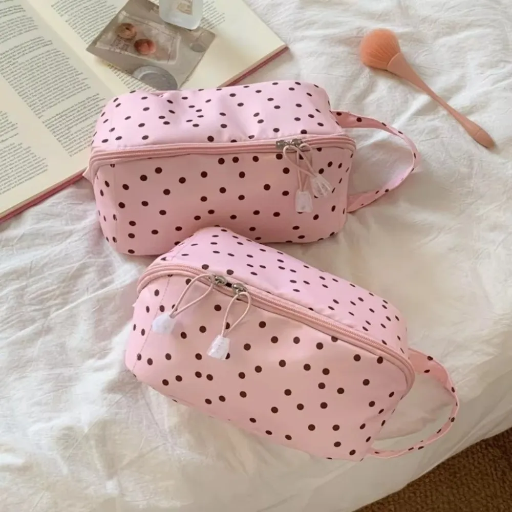 Handy Large Capacity Makeup Bag Portable Multiple Partition Cosmetic Organizer Polka Dot Handheld Toiletry Bag Vacation Trip