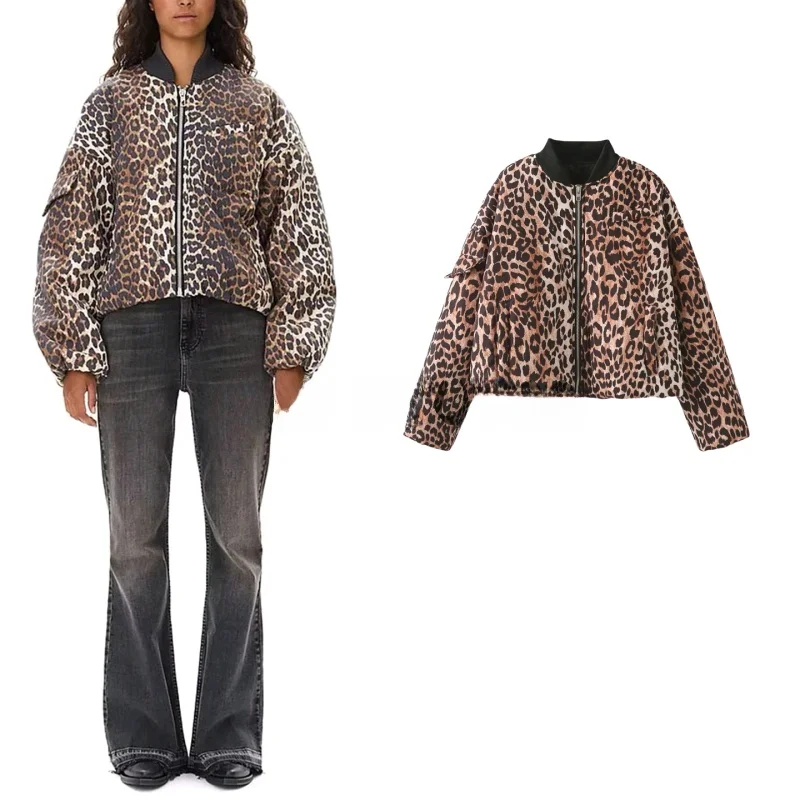 

New Autumn Women's Workwear Sle Leopard Print ort Jaet Cotton Outerwear Stand Collar Single Button Casual Coat