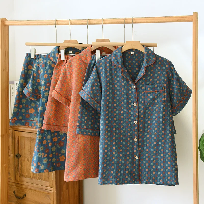 

Summer Cotton Double-layer Thin Home Clothes Women's Casual Floral Printed Lapel Short Sleeved Shorts Pjamas for Women