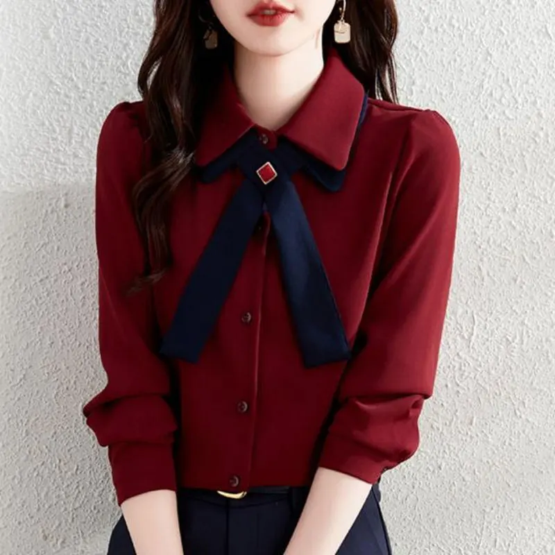 Fashion Casual Basic Shirt Solid Color Women\'s Clothing Turn-down Collar Spring Autumn Spliced Bow Single-breasted Loose Blouse