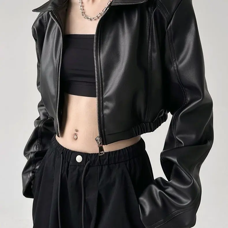 Y2k Black New PU Leather Jacket Cropped Jacket Long-sleeved Top Motorcycle Jackets Design Loose Streetwear Coat Trendy Vintage