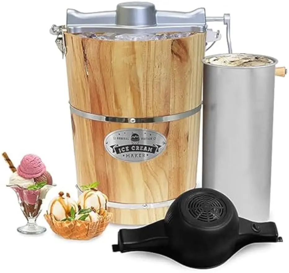 6 Quart Vintage Appalachian Wood Bucket Electric Ice Cream Maker Classic Die Cast Hand Crank Churns Ice Rock Salt Minute