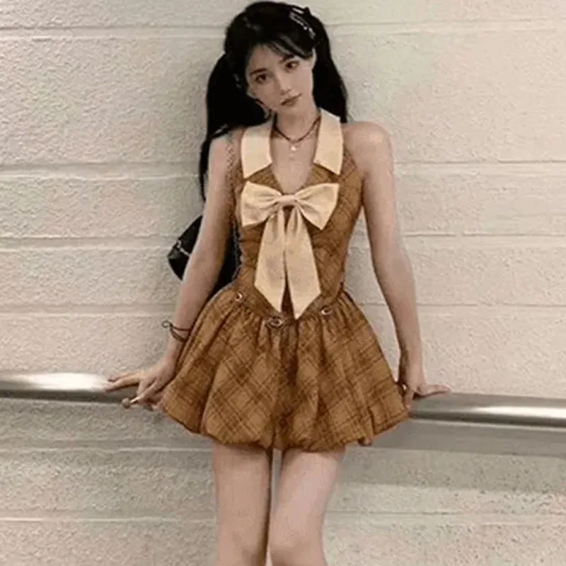 Süße Preppy Frauen Mini Kleid Sommer Mode Tunika Plaid Kleid Abnehmen Schmetterling Flauschigen Prinzessin Kleid Weibliche