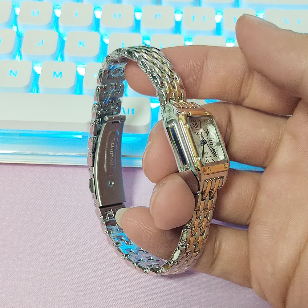 ساعات يد نسائية مربعة أنيقة من MAYZHISU بحزام من سبائك الذهب ساعات يد كوارتز فاخرة للسيدات ذات صفات ساعة بمقياس روماني للسيدات