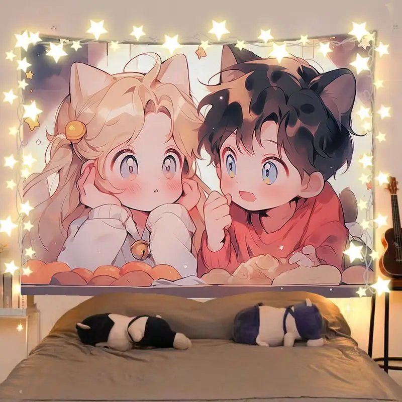 VIKAMA Cat Ear Lovers Dessert Tapestry, Star Adorable Anime Wall Hanging for Bedroom Living Room Dorm Decor