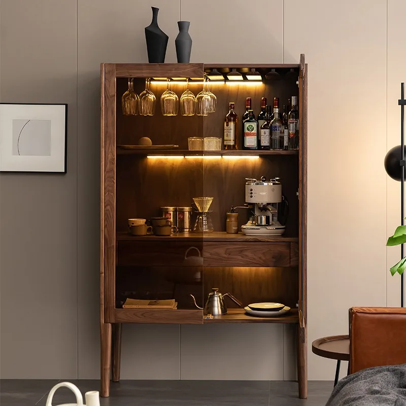 Nordic light luxury black walnut wine  living room wall solid  glass double door partition display   side cabinet bookcase