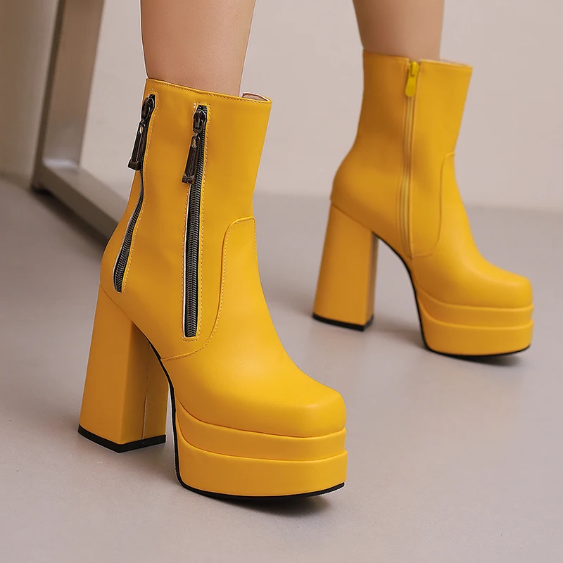 

Plus Size Square Toe Ultra-High Platform Double Row Zippered Women's Short Boots Ultra-High Thick Heels 2024 New Fashion Boots