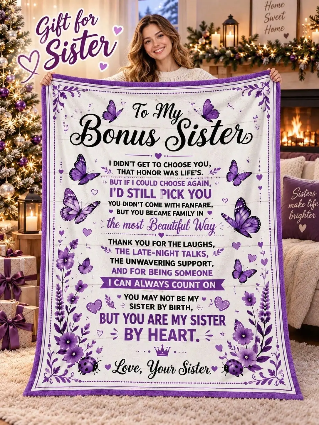 Bonus Sister Butterfly Flannel Blankets Floral Appreciation Sofa Bed Throw Home Decor Bedroom Living Room Christmas Halloween Thanksgiving Birthday Anniversary Housewarming Gift Family Friends Guestroom Apartment Holiday Reading Nook Dorm Travel