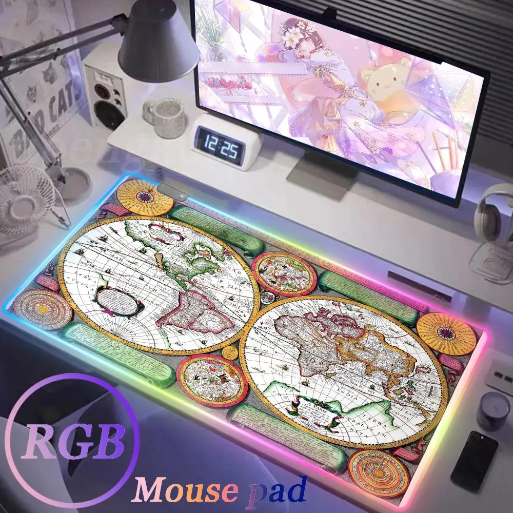 

Old map game W_worlds maps game mouse pad large RGB rubber non-slip mouse pad e-sports luminous computer LED backlight mouse pad