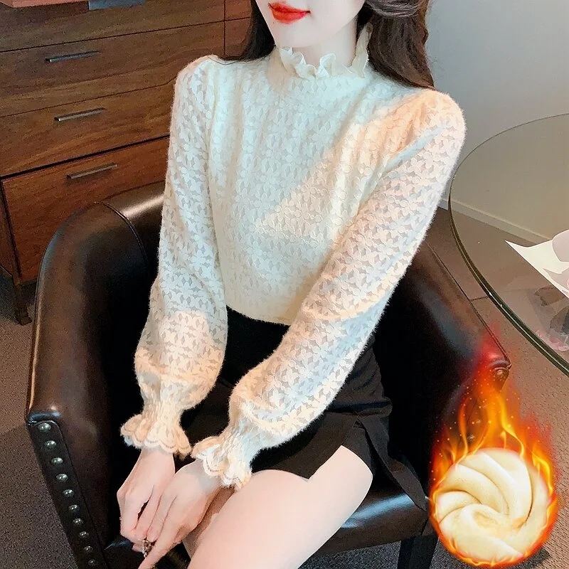 

Lace Base Layer Shirt Women's Autumn Winter Fashion Half High Collar Fleece Lined Inner Wear Top Korean Style Bubble Sleeve