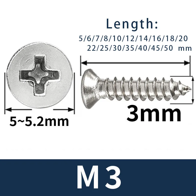 M3 Silver Cross Self tapping Silk Wood Screw Nickel Plated Flat Head Self tapping Screw Sink Head Screw