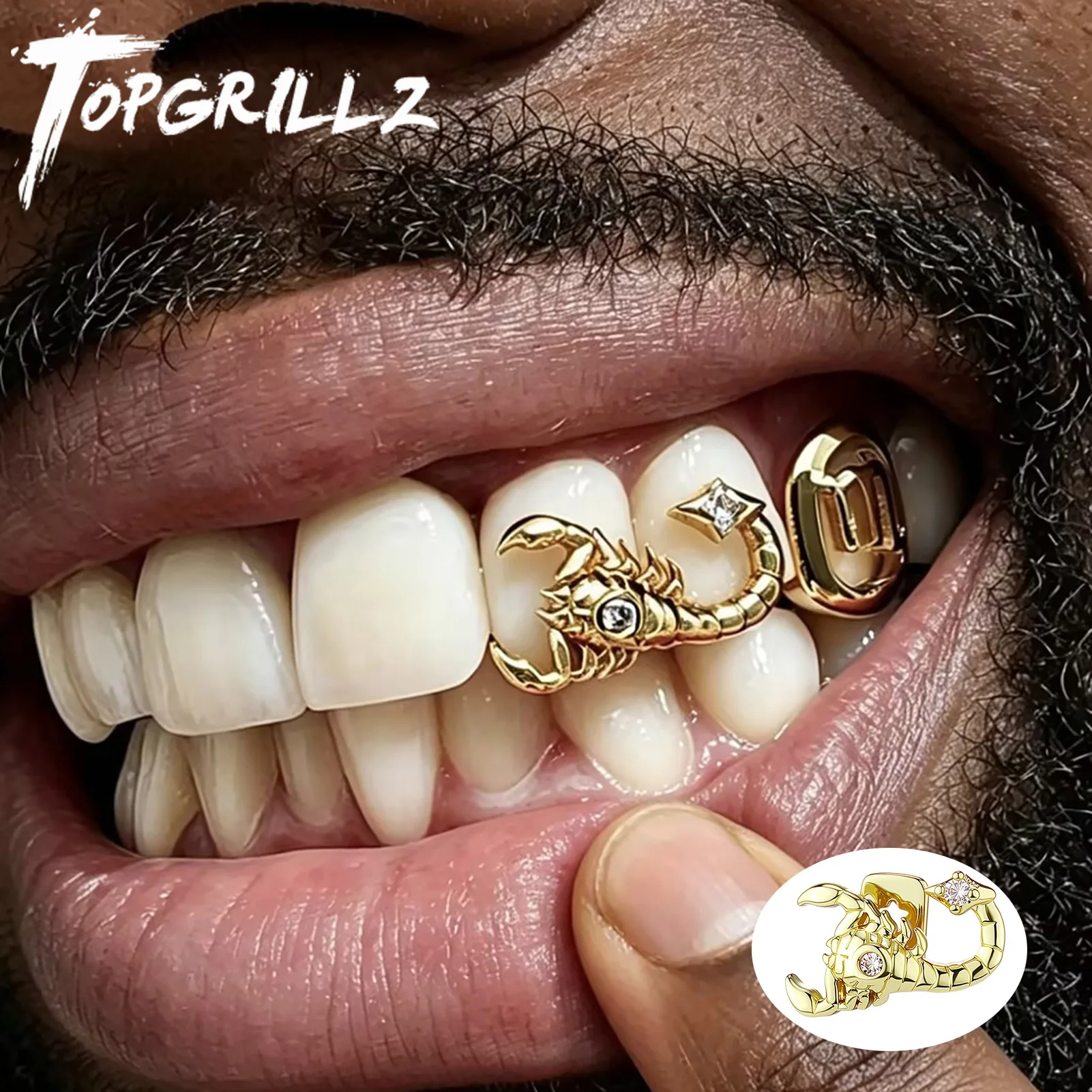 TOPGRILLZ Hiphop Scorpion Grillz Single Teeth Grillz Gold Dental Grills For Women Men Jewelry Cosplay Halloween Gift