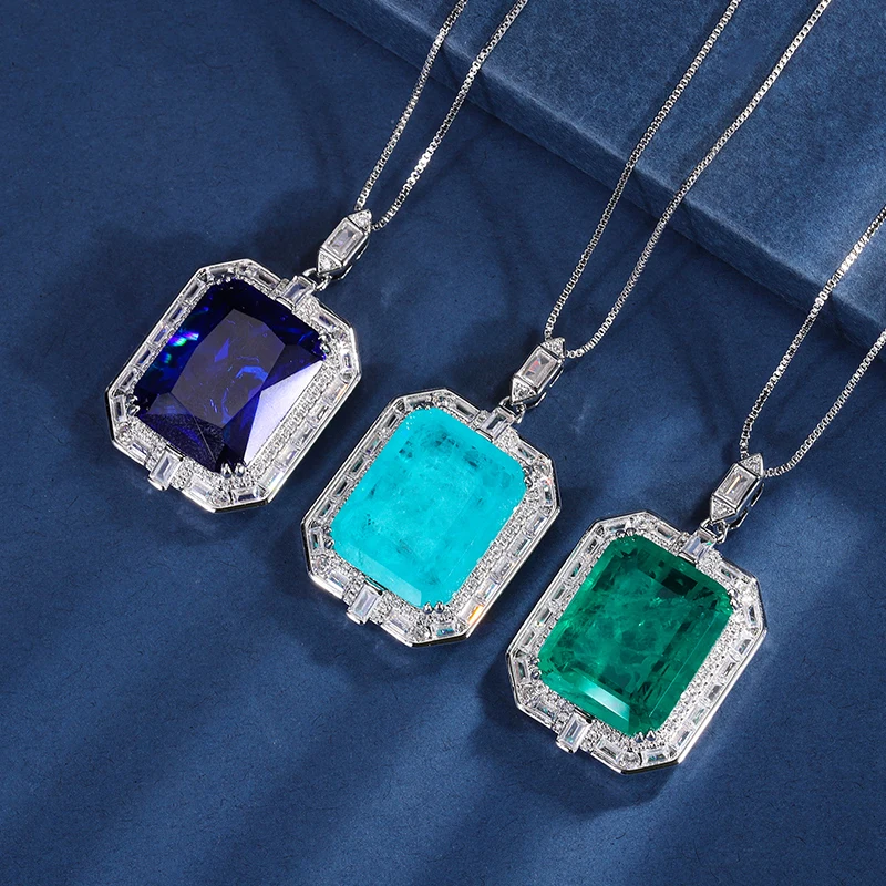 

EYIKA Rectangle Simulated Sapphire Emerald Paraiba Tourmaline Large Pendant Necklace Women Wedding Jewelry Fusion Stone Choker