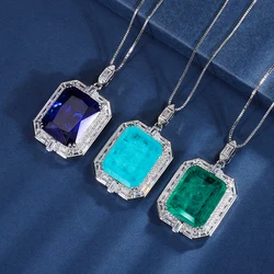 EYIKA Rectangle Simulated Sapphire Emerald Paraiba Tourmaline Large Pendant Necklace Women Wedding Jewelry Fusion Stone Choker