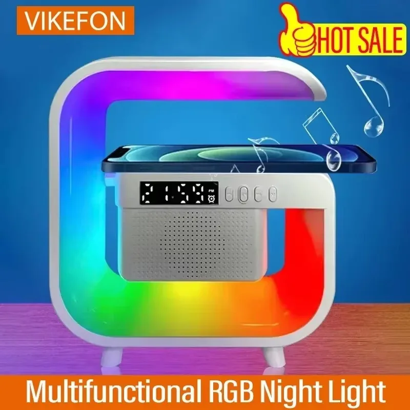 لوحة حامل شاحن لاسلكي ، مكبر صوت بلوتوث ، منبه ، ضوء RGB ، مصباح ليلي ، محطة شحن سريع لـ iPhone ، sragm ، شاو