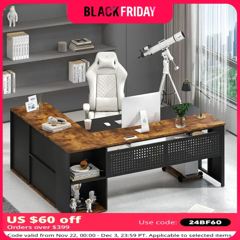 

71 Inch Executive Desk with Storage Shelves, L-Shaped Desk with Cabinet Storage & Drawer, Business Furniture，Home Office Desk