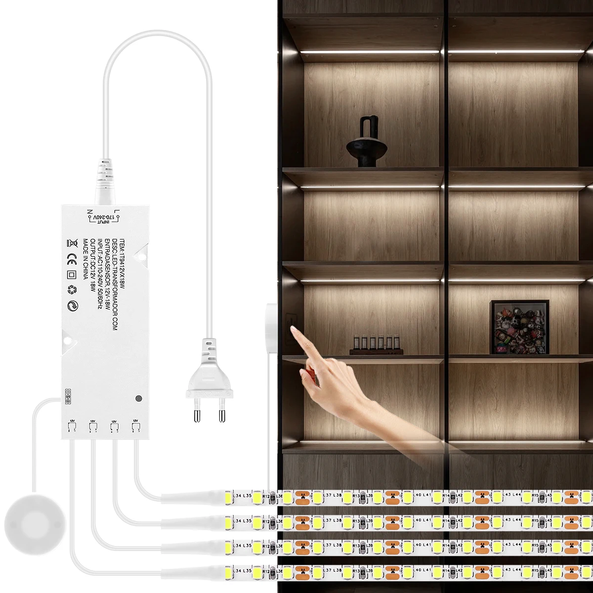 12V Hand Sweep Sensor and Touch Switch Dimmable LED Strip Lights Shelf Pantry Showcase Cupboard Cabinet Staircase Backlight Lamp