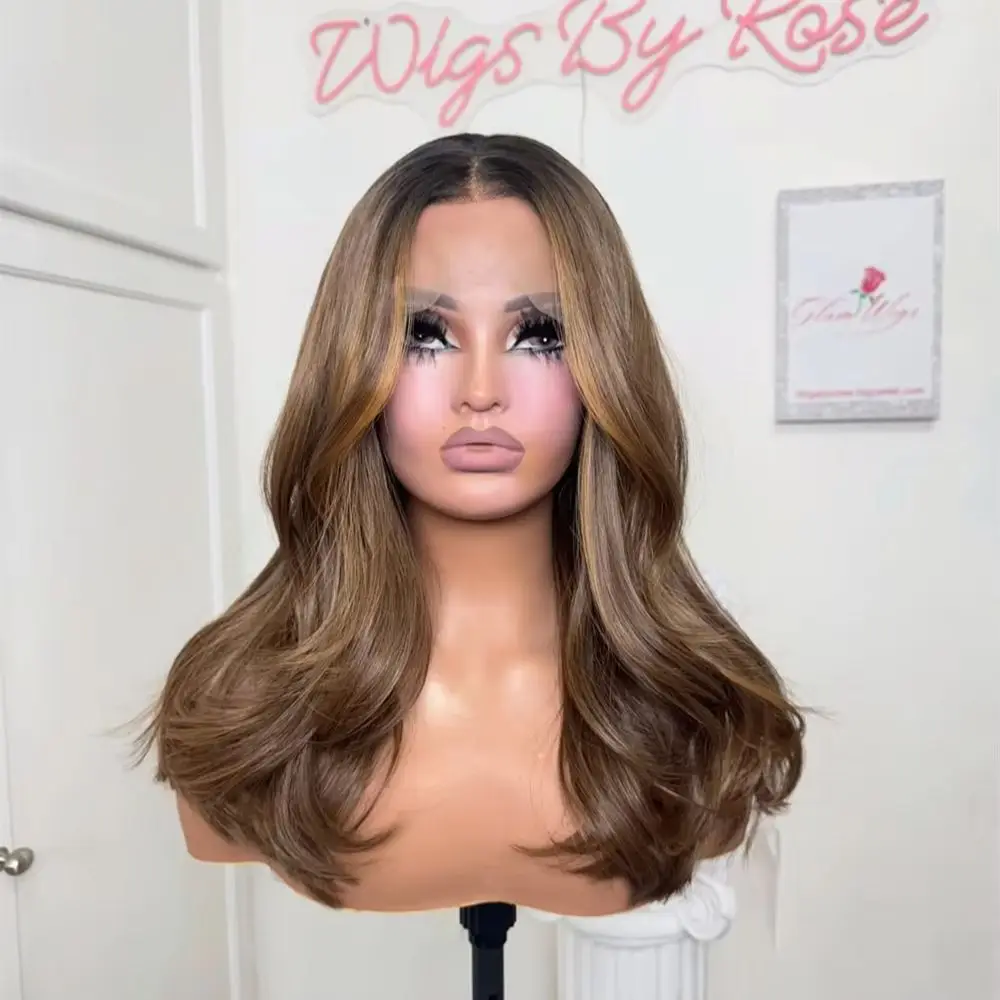 Free Part Ombre Warm Brown Synthetic HD Lace Front Wig Heat Resistant Fiber Wig Glueless Preplucked Hairline with Baby Hair 18''