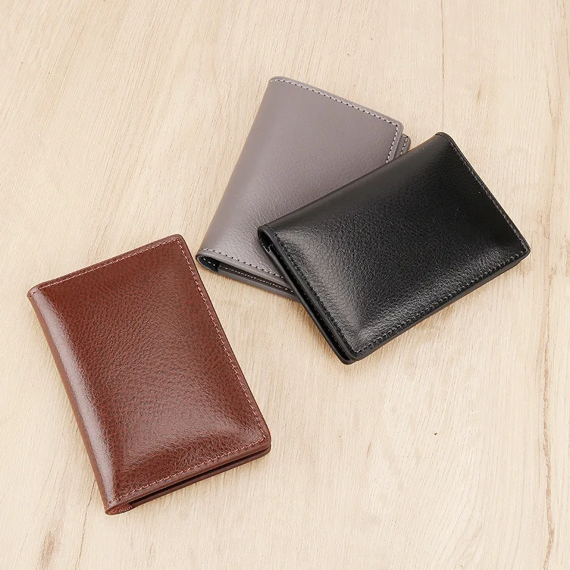 Men's Genuine Leather Card Holder Thin Card Case Mini Credit Card Holders Retro Folder Slim Soft Wallet Unisex Small Purse Gray