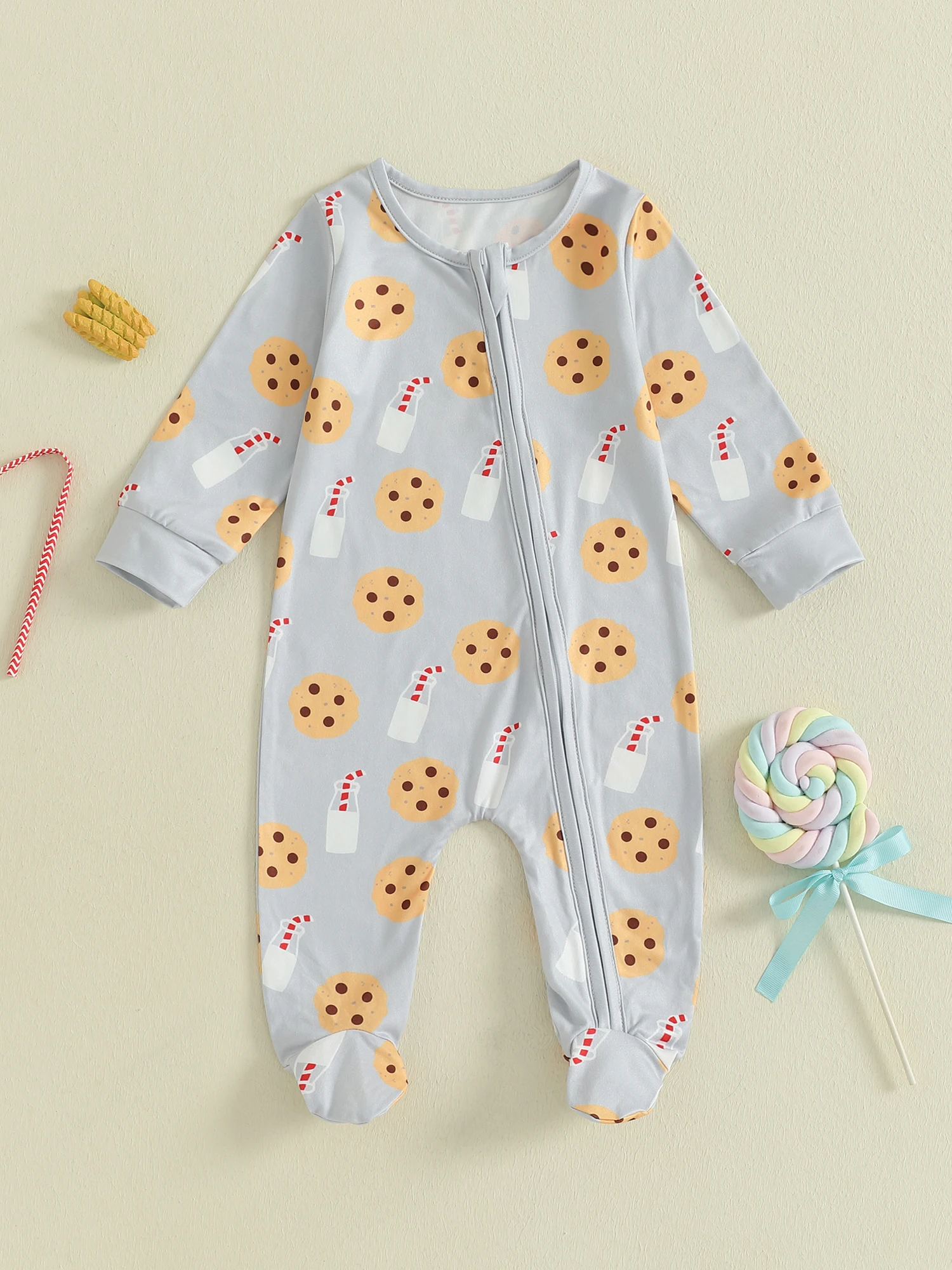 

Adorable Infant Autumn Cookie Cream Patterned Full Sleeve Zippered Circular Collar Footed Bodysuit Sleepwear