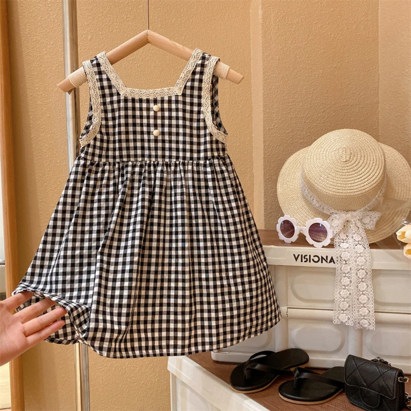 Summer Girls Dress Temperamental Cute Western Style  Lace Princess Dress  Black And White Checkered Tank Top Skirt 1-7T