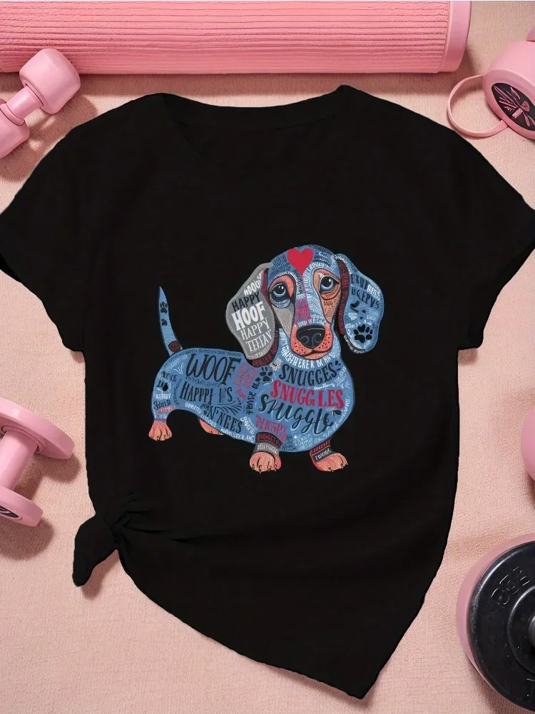 

2025 New Fashion Dachshund Printed Pattern Ladies Casual Comfortable Sports Short Sleeve Y2K T-Shirt Streetwear