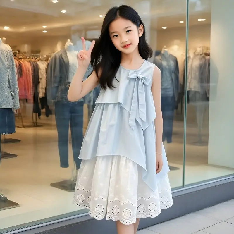 Girls 2-In-1 Sleeveless Dress, Bow Front Asymmetrical Top + Lace Hem Underskirt, Fashionable and Cute Layered Sundress for Kids