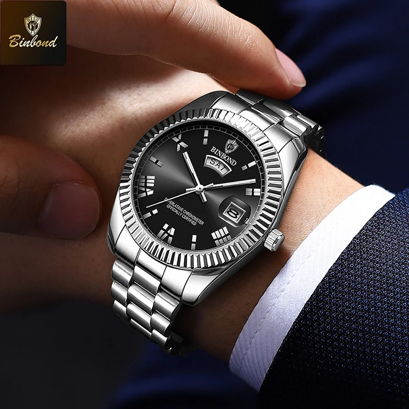 Брендовые кварцевые мужские часы BINBOND, деловые спортивные светящиеся календари, креативные водонепроницаемые часы, классические персонализированные мужские наручные часы