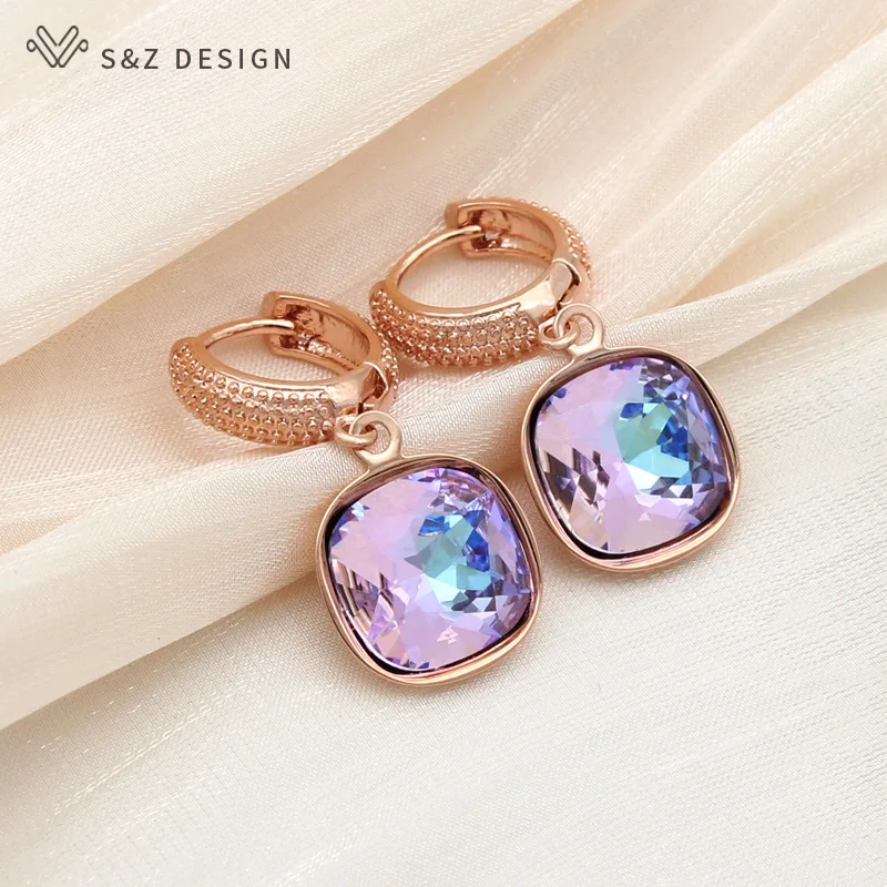 S&Z DESIGN New Fashion Colorful Square Crystal Dangle Earrings For Women Wedding Jewelry Gift 585 Rose Gold Color Eardrop