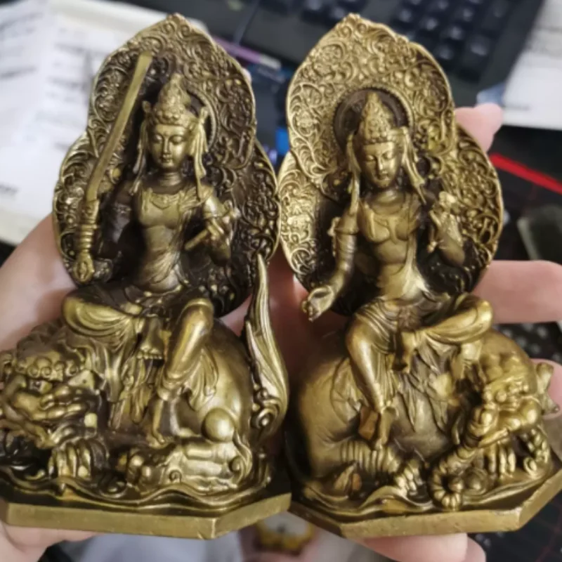 Antique Bronze Carved Manjushri & Samantabhadra Bodhisattva Statue Pair - Buddhist Altar Ornament, Feng Shui Home Decor