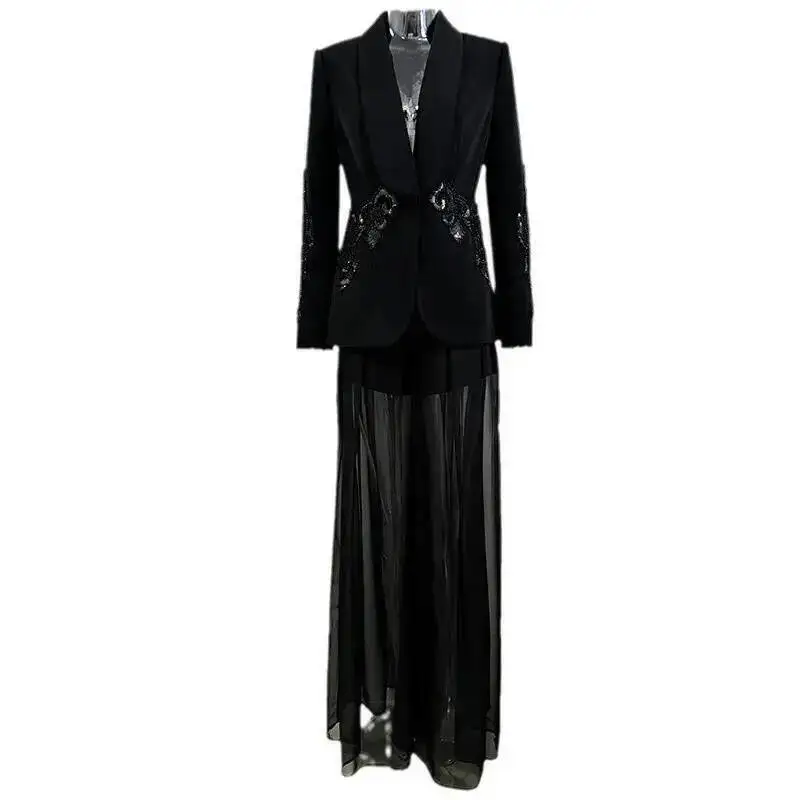 ZOCI ผู้หญิง Blazer กางเกงชุดแฟชั่นตาข่าย Splicing Heavy Duty เล็บลูกปัดเสื้อสูทกางเกงชีฟอง 2025 ฤดูใบไม้ผลิสไตล์ใหม่