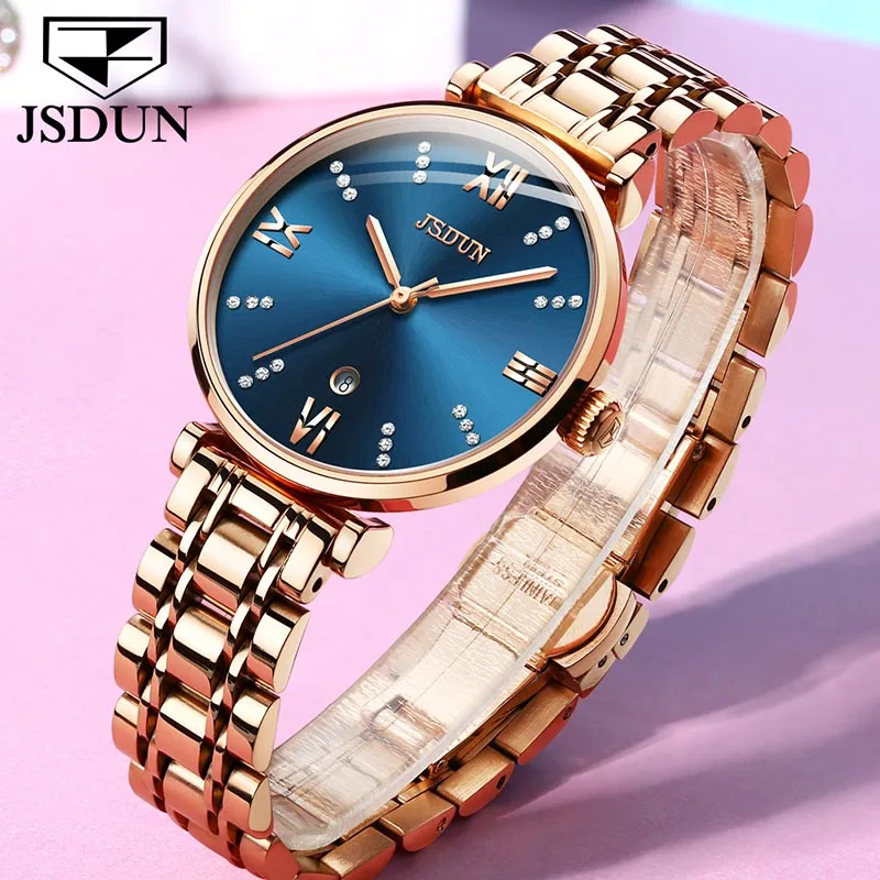 

JSDUN Quartz Women Watch Casual Clock 2023 New Fashion Rose Gold Stainless Steel Strap Simple Calendar Watch For Women Reloj