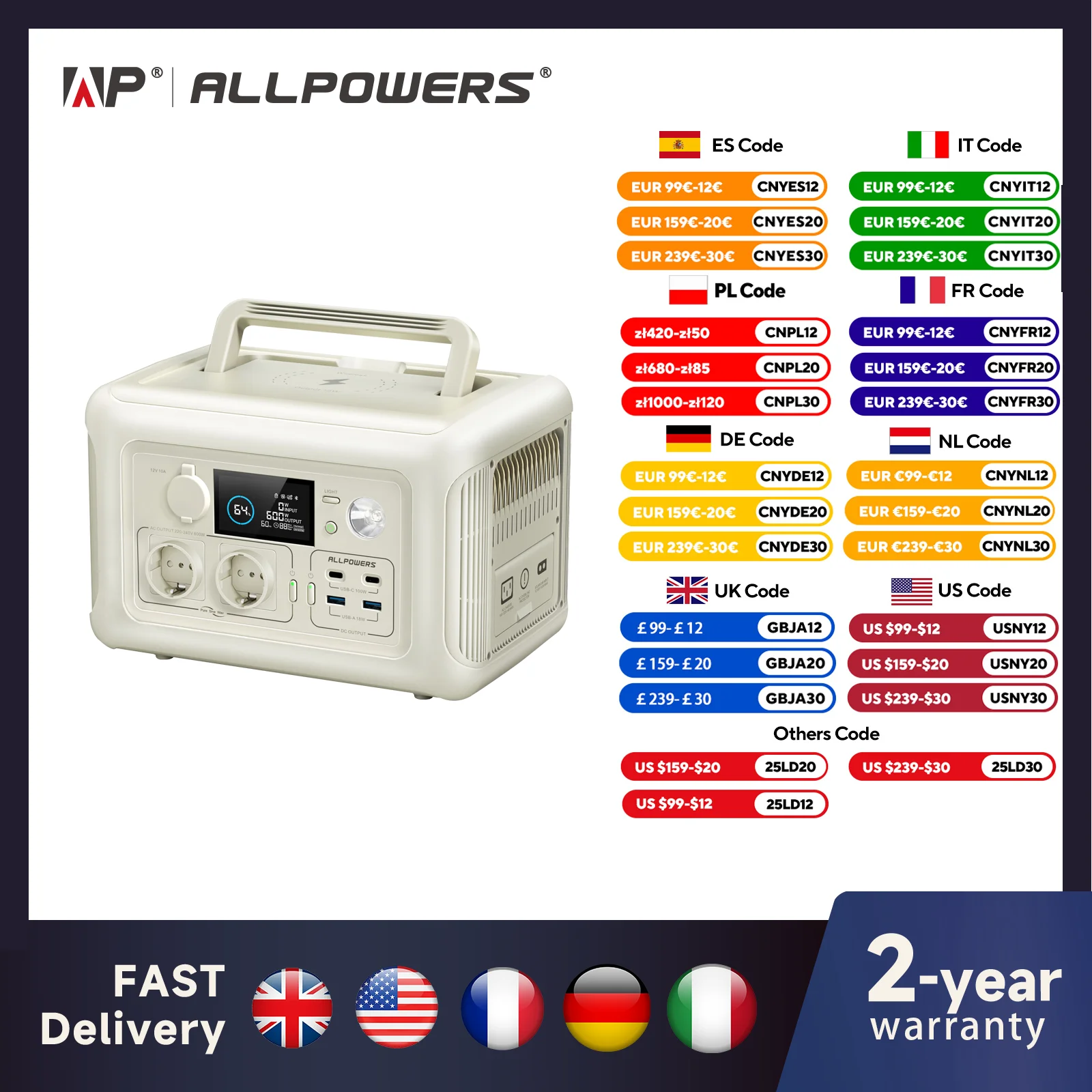 ALLPOWERS R600 Tragbarer Generator 299 Wh 600 W Kraftwerk mit AC-Steckdosen LiFePO4-Akku für Heimzelte Outdoor RV Camping