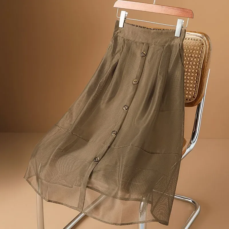 

Women's Brown Mesh Overlay Midi Skirt Elastic Waist Button Front Casual Elegant A Line Skirt