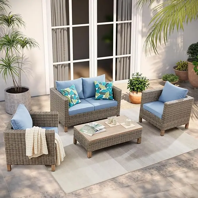 

Patio Sofa with Metal Top Coffee Table, 4 Pieces Conversation Set Reinforced Wicker Rattan Outdoor Furniture