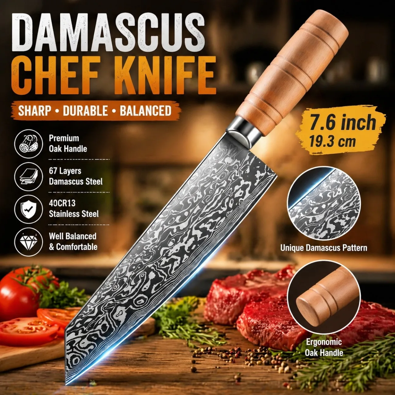 Cuchillo de Chef Multiusos de Damasco, Cuchillo de Cocina de Acero Inoxidable de Alta Dureza con Mango de Roble para Cortar Carne y Verduras