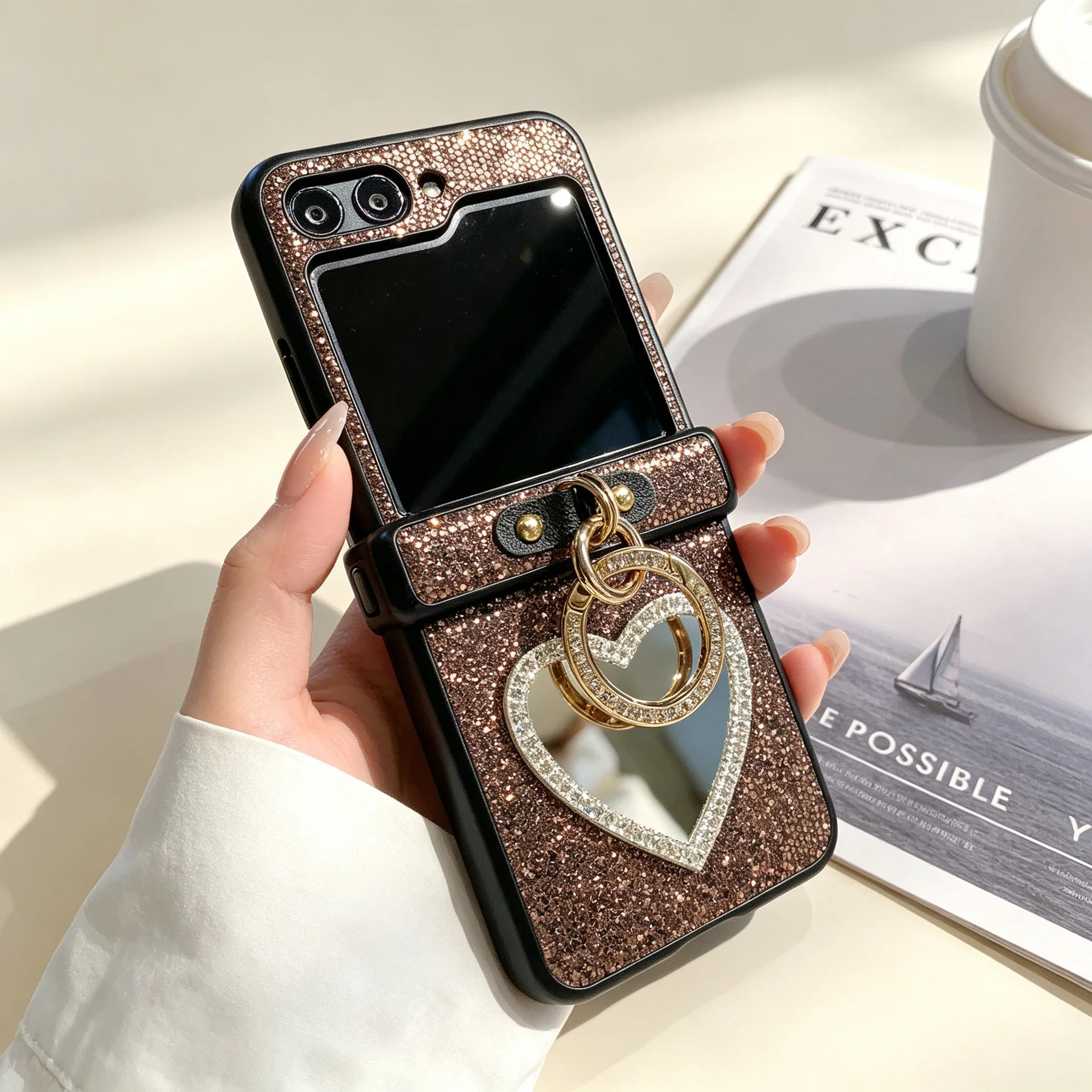 Luxury Glitter Mirror Starlit Sky Twinkle Phone Case For Samsung Galaxy Z Flip 8 6 5 4 3 Flip7 FE Faux Diamond Ring Buckle Cover