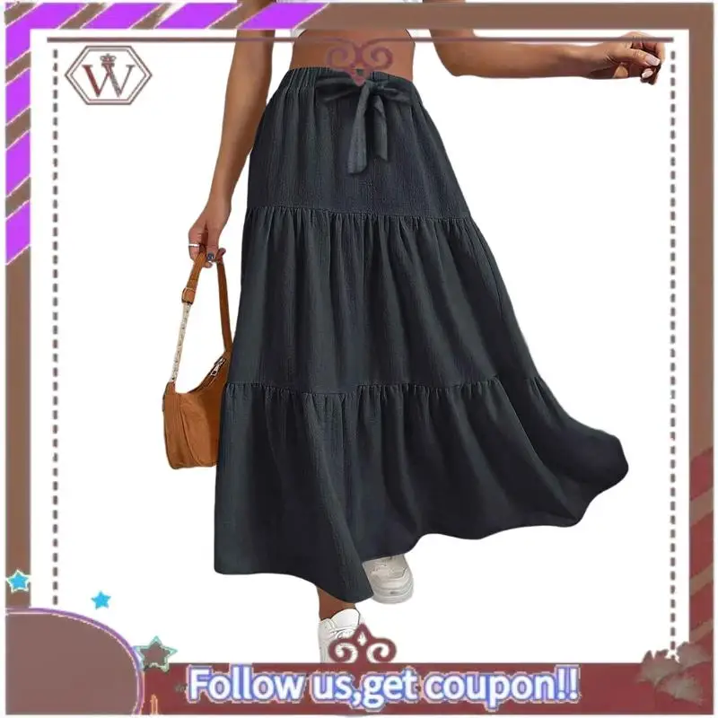 

A95D-Women High Waisted Flowy Tiered Linen Skirt Casual Pleated A-Line Beach Long Skirts With Tie