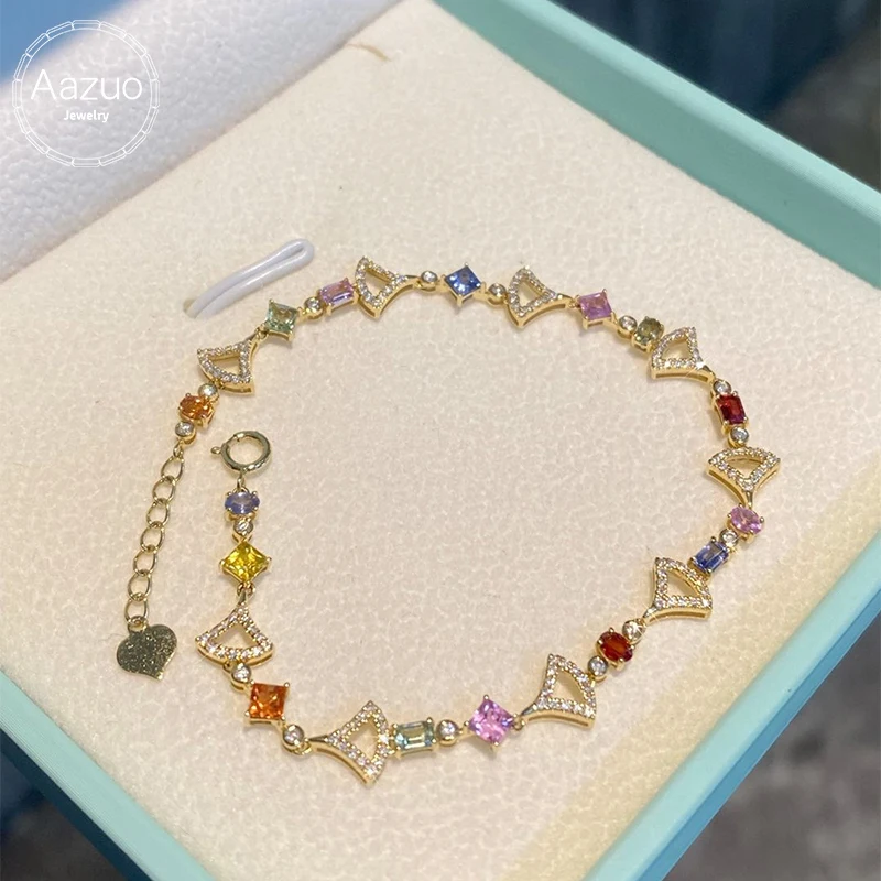 Aazuo Original 18K Yellow Gold Natrual Color Sapphire Real Diamond Rainbow Bracelet For Woman Upscale Trendy Engagement Party