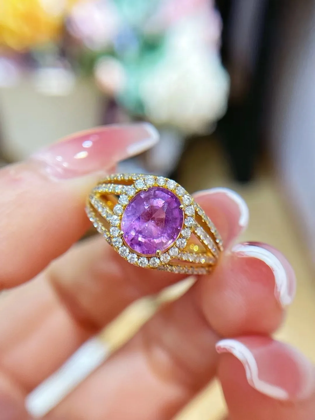 purple color fancy sapphire ring 18K yellow gold with diamond genuine gemstone jewelry luxury fine women jewelry DGL certificate