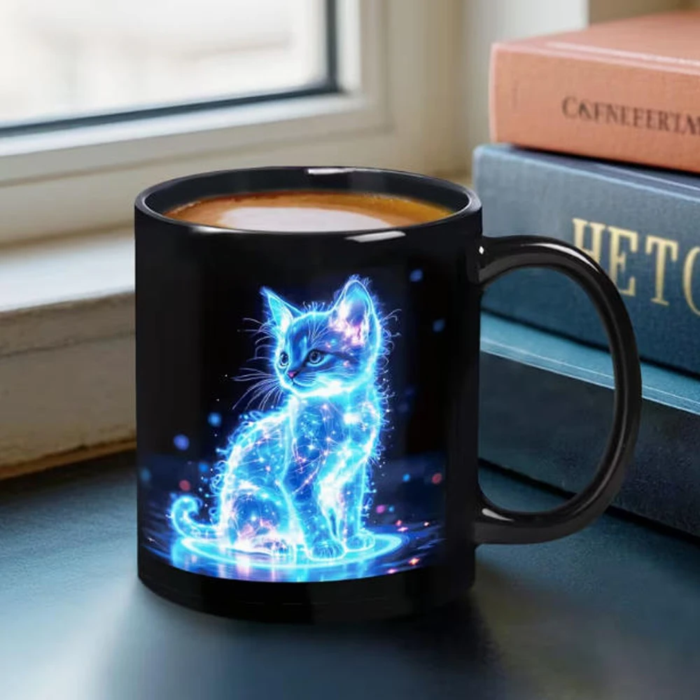 One Glowing Neon Blue Cat Coffee Mug - Ceramic Mug with a Glowing Blue Kitten and Star Pattern, the Perfect Gift for Cat Lovers.