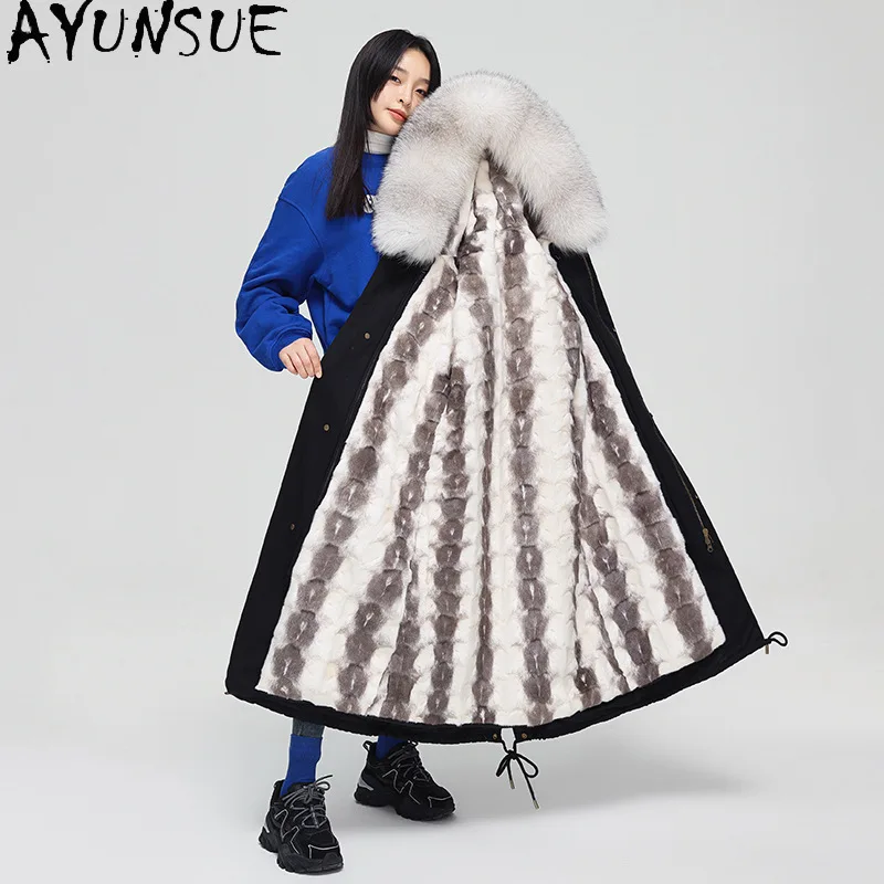 

AYUNSUE Real Fur Coat Women Sapphire Mink Fur Parka Liner Detachable 2025 Winter Clothes Woman Warm Fox Fur Collar Шуба Женская