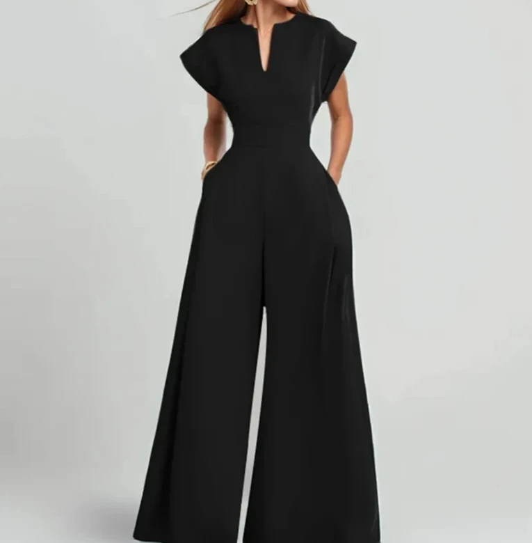 رومبير نسائي ربيعي جديد أنيق فضفاض أسود واسع الساق مقاس واحد يناسب الجميع ياقة قصيرة الأكمام لون نقي